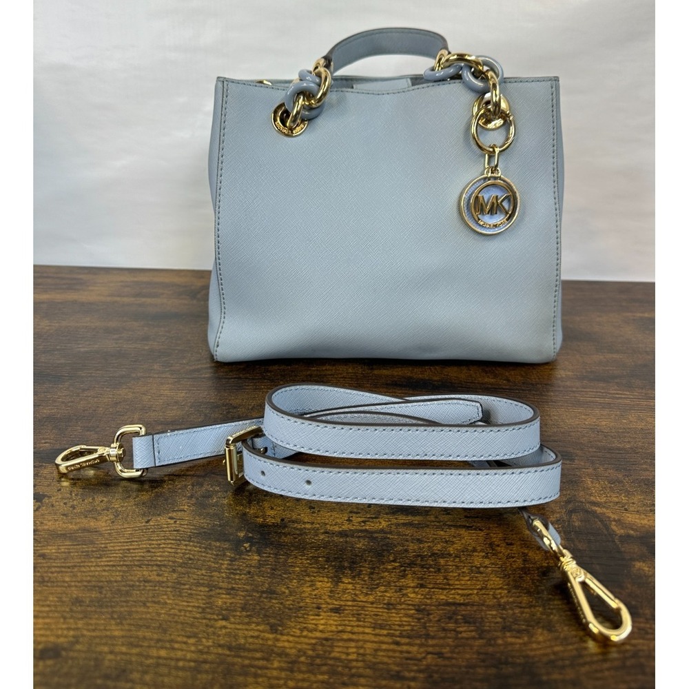Michael Kors Cynthia Satchel Pale Blue Saffiano Leather Chain Handle Handbag - Picture 16 of 16